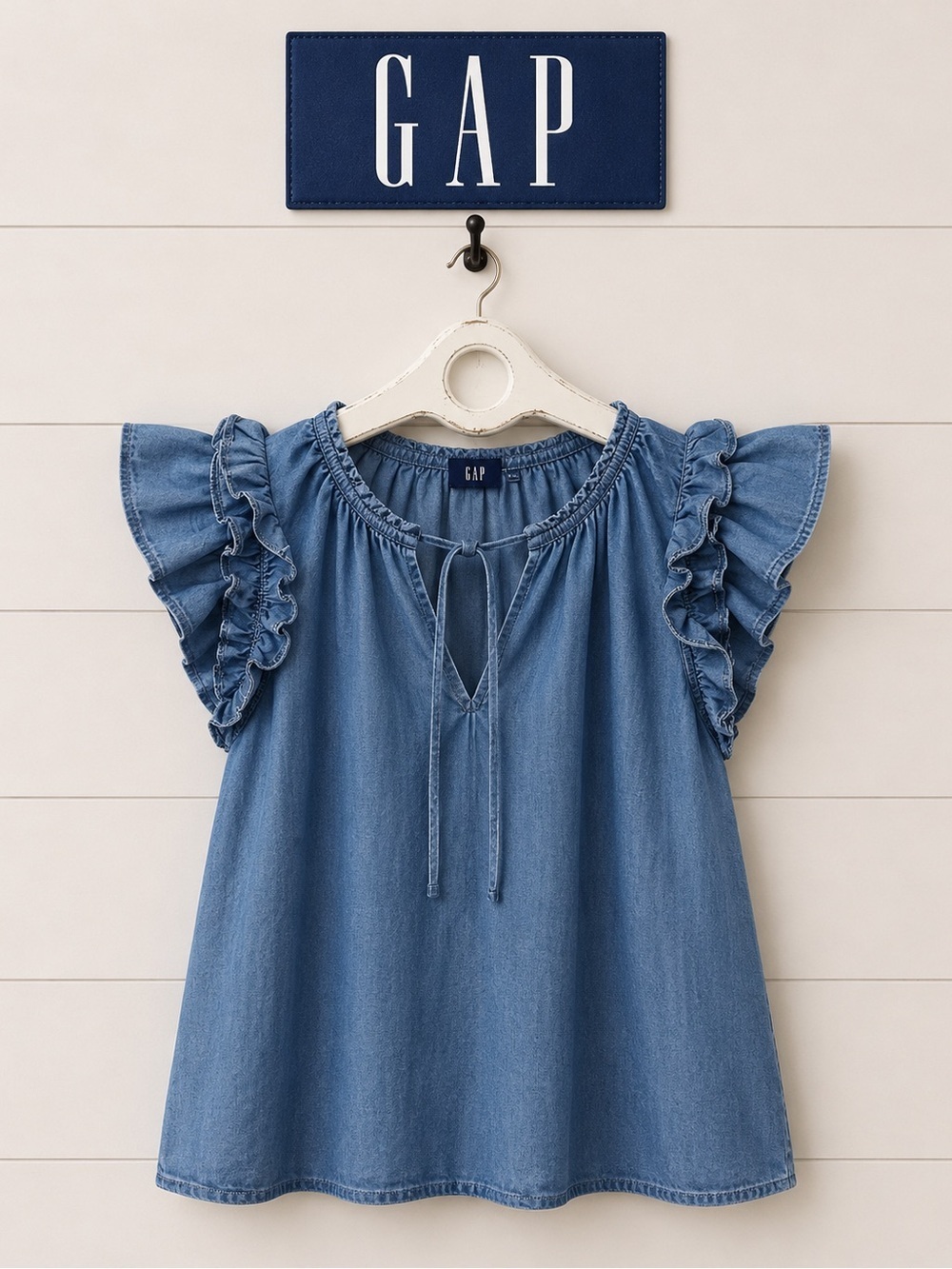 GAP Blue Ruffled Denim Blouse Size S. NWT